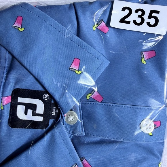 Footjoy Polo Medium Cocktail Drinks AOP Blue Lisle Performance Golf Men Shirt - Picture 10 of 10